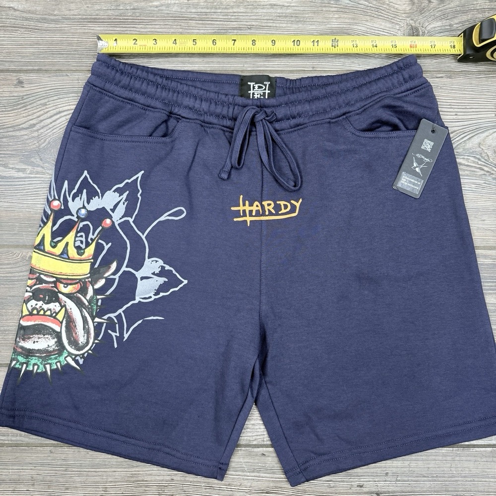 Ed Hardy Fleece Sweats Shorts Graphic Bulldog  Drawstring Navy Mens LARGE NWT - Picture 4 of 8